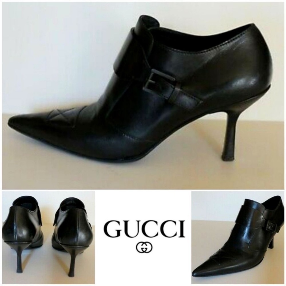🍂 Gucci Black Leather Pointed-toe Heeled Booties GUC